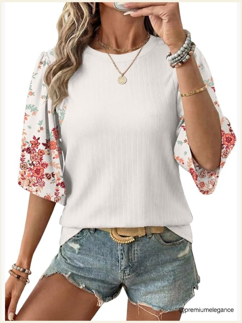Floral Patchwork Tunic Top, 3/4 Sleeve Crewneck Blouse, Business Casual